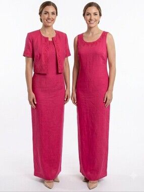 Vintage 2pc Maxi Dress Short Sleeve Jacket Linen Blend Set Lace Detail Pink sz 6